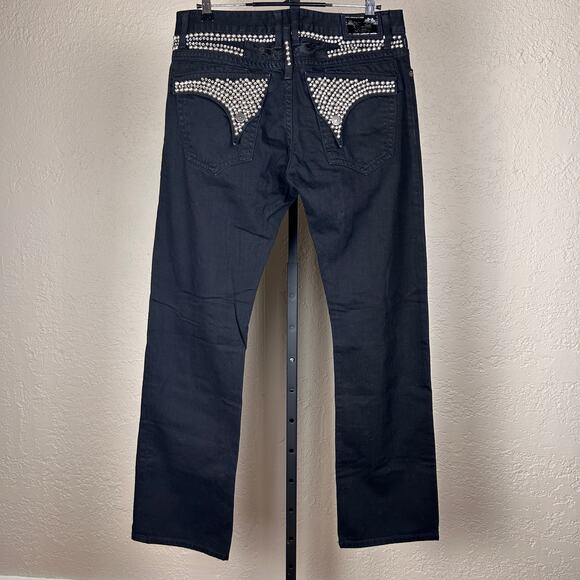 Robins Jeans RARE Mens 36" 100% Cotton Black Denim Long Flap Studded Waist Pants - Picture 3 of 9